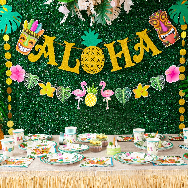 WERNNSAI Hawaiian Aloha Party Banner Decorations - Flamingo Pineapple Tiki Tropical Luau Party Supplies Favors Large Gold Glittery Aloha Sign Flag for Birthday Wedding Summer Beach Pool - Image 3